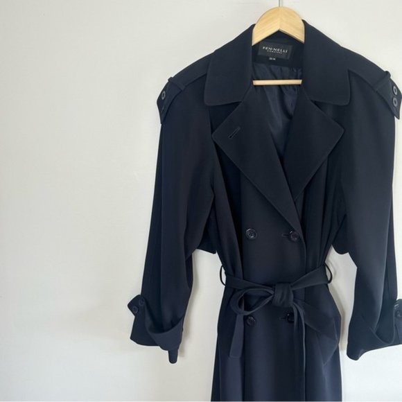 VINTAGE Fennelli Navy Long Belted Trench Coat Size 13/14 - Picture 2 of 10